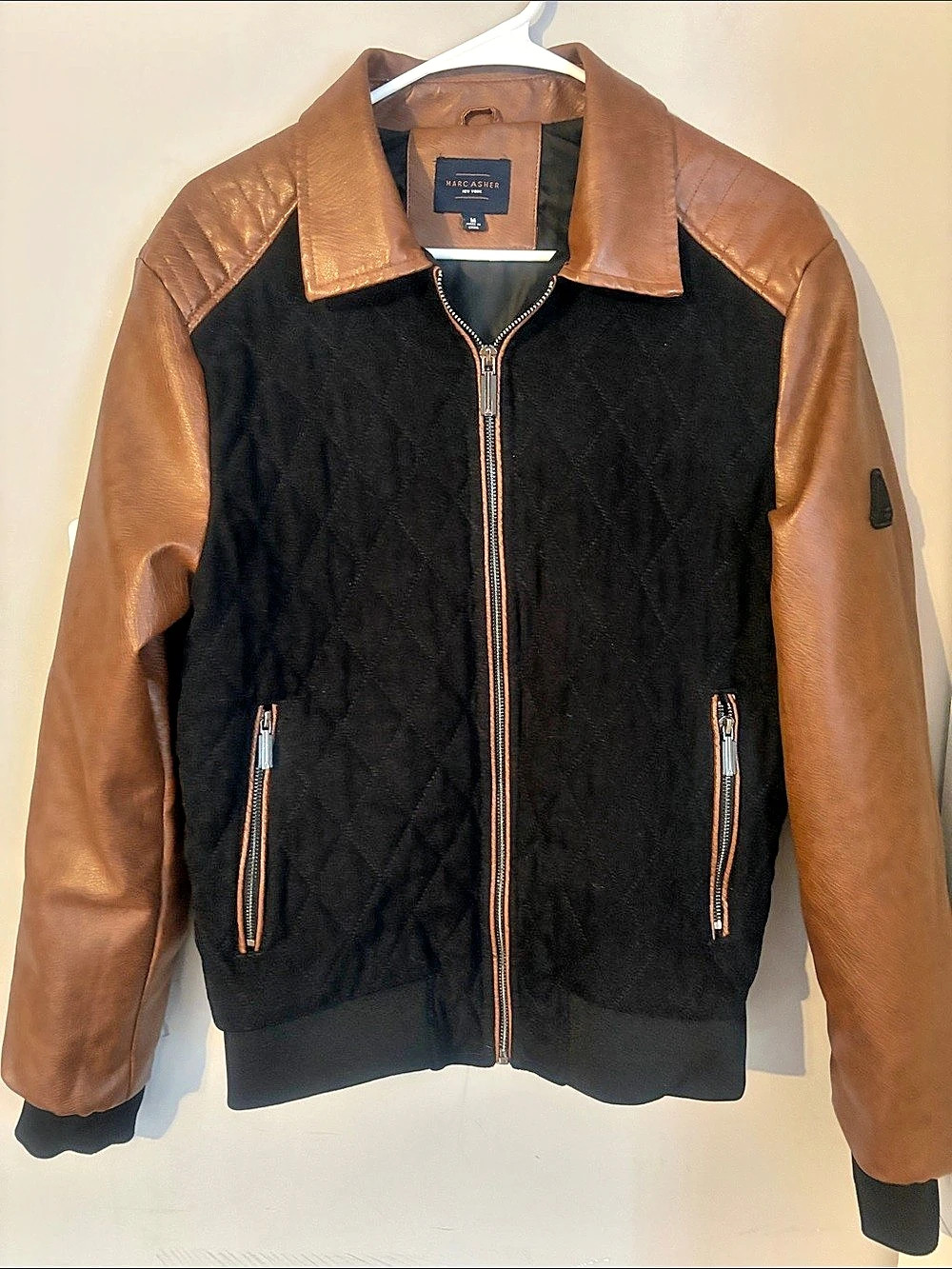 Marc Asher Quilted Leather-Trim Jacket in Brown & Black Size Medium